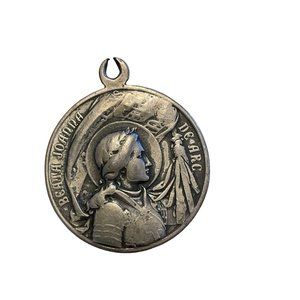 Antique Religious French Silvered Medal Pendant Saint‎ Joan of Arc and Pope X